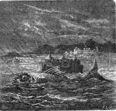 ヒンズー教によれば、大洪水の巨大な魚。 作： Frederic Theodore Lix