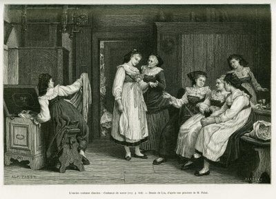 アルザスの古い衣装。1885年にドイツ人デピューターのシャルル・グラッドが、1887年にエドゥアール・シャルトン（1807）の指揮の下、ツアー・デュ・モンドに掲載した物語「A Through Alsace and Lorraine」を説明するために、パブストが描いた絵画「Present de Noces」の後にリクスが描いた版画。 作： Frederic Theodore Lix