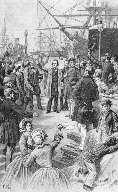 1852年8月1日、1885年頃、アントワープで友人や支持者に別れを告げるビクターユーゴー（1802年〜85年） 作： Frederic Theodore Lix