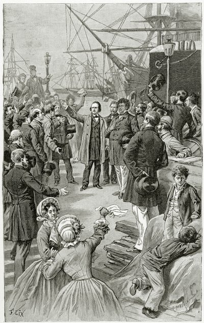 ヴィクトルユーゴーは、1852年8月1日、19世紀の亡命中の演説中に世界的な共和国を歓迎します（bw彫刻） 作： Frederic Theodore Lix