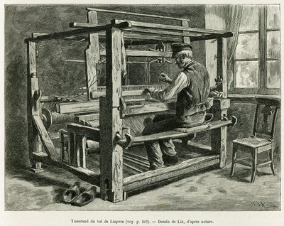 リューブル渓谷の織姫。エドゥアール・シャルトン（1807-1890）が監督した1888年のツアー・デュ・モンドに参加したドイツ人代官シャルル・グラッドが1887年に行った「アルザスとロレーヌを通って」という物語を説明するために、リックスが描いたものです。 作： Frederic Theodore Lix