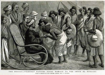 総統：1884年4月19日の「グラフィック」から、シェイクエルモルガニに敬意を表して優しい先住民（彫刻） 作： Frederic Villiers