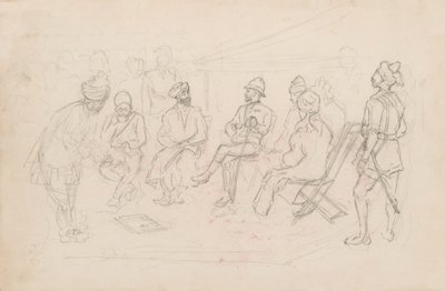 1879年2月にダッカで行われたカバニャーリとラルプラのカーンとの会談の様子（鉛筆 作： Frederic Villiers
