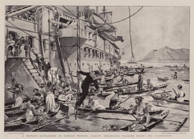 サモア海域のイギリス戦艦、先住民の商人が果物と野菜を取引 作： Frederic de Haenen