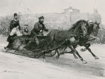 雪が背景にいるクレムリンの居住者にスプレーするのを防ぐためのブルーシルクネットのそり 作： Frederic de Haenen
