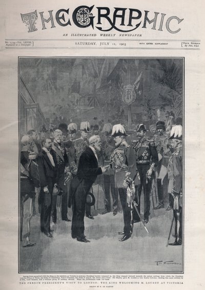 Entente Cordiale：フランスのエミール・ルーベス大統領がロンドンを訪問。キングエドワード7世がビクトリア駅でM.ルベーを歓迎。 作： Frederic de Haenen