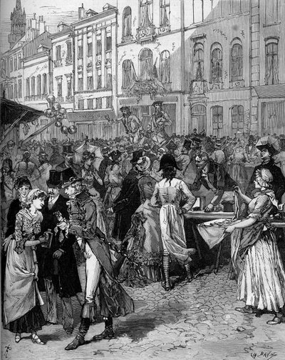 1792年のリール包囲戦を記念した歴史的祭典：18世紀のファッショナブルな住人たちと一緒に街の通りで行われたワトーの見本市（Braderie Watteau, great fair）。10月21日付の「Le Monde Illustré」1334号に掲載されたDe Haenenのエングレービング 作： Frederic de Haenen