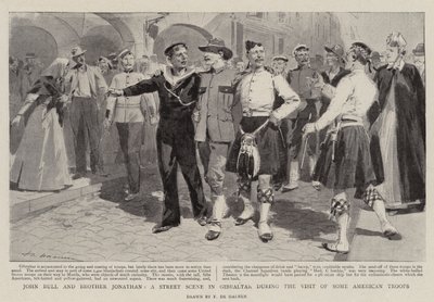 ジョンブルとジョナサン兄弟、いくつかのアメリカ軍の訪問中のジブラルタルのストリートシーン 作： Frederic de Haenen
