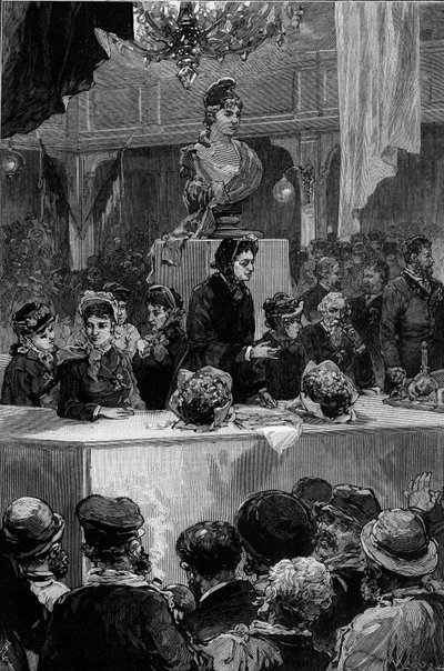 1880年11月30日、パリのグラファールの部屋で行われたルイーズ・ミシェル（1830-1905）の講演会。1880年12月11日付「イラストレーション・ワールド」1237号に掲載されたド・ヘーネンの版画。 作： Frederic de Haenen