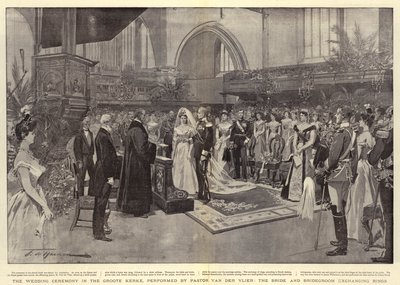 リングを交換する花嫁と花婿のファンデルヴィエ牧師が行うグルートケルケでの結婚式 作： Frederic de Haenen