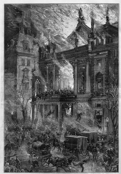 1881年12月5日、ウィーン（オーストリア）のオペラ「ウィーン・リングテアター」の火災。1881年12月24日付の "Le Monde Illustré "1291号に掲載されたDe Haenenのエングレーヴィング。 作： Frederic de Haenen