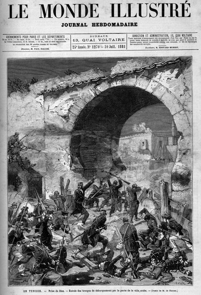 1881年7月、チュニジア。フランスの保護領であるチュニジアに対する住民の反乱を受けて、フランス軍がスタックスの街を占領した。デ・ヘーネンの版画。7月30日付「イラストレーション・ワールド」第1270号の1枚。 作： Frederic de Haenen