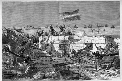 1881年7月、チュニジア。フランスの保護領チュニジアに対する住民の反乱を受けて、フランス軍がスタックスの街を占領した。海兵隊の小銃が円形の砲台を奪う。8月20日付の「イラストレーション・ワールド」1273号に掲載されたデ・ヘーネンの図版 作： Frederic de Haenen