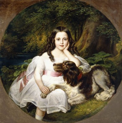 犬のいる風景の中で休む少女 作： Frederich August Kaulbach