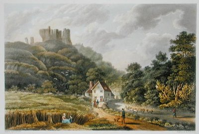 カリスブルック（「The Isle of Wight Illustrated, in a Series of Coloured Views」より）、P.ロバーツ作、1846年発行（アクアチント）。 作： Frederick (after) Calvert