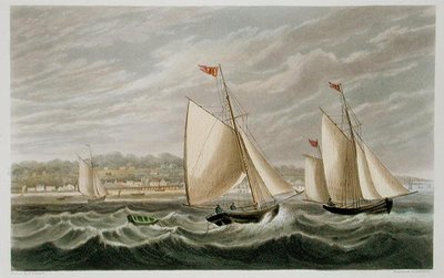 1846年に出版されたP.ロバーツ作の「The Isle of Wight Illustrated, in a Series of Coloured Views」よりRyde（アクアチント）。 作： Frederick (after) Calvert