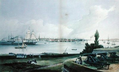 ガバナーズ島から見たニューヨーク、ヘンリー・パプリル（fl.1846-48）（エングレーヴィング） 作： Frederick (after) Catherwood