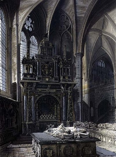 聖エラスムス礼拝堂の東側、J. Bluck (fl.1791-1831) が彫った「Westminster Abbey」の第44版、Rudolph Ackermann (1764-1834) が1812年に出版したもの（アクアチント）。 作： Frederick (after) Mackenzie