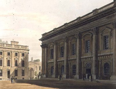 ペックウォーターのクライスト・チャーチ図書館の外観、F.C.ルイス(1779-1856)が彫った「オックスフォードの歴史」の挿絵、R.アッカーマンが出版した。 作： Frederick (after) Mackenzie