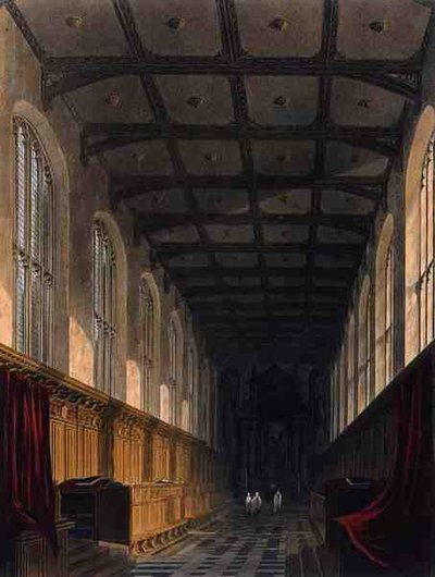 ケンブリッジ、トリニティ・カレッジ・チャペルの内部、J.Bluck (fl.1791-1831)が彫刻した「The History of Cambridge」より、R.Ackermannが出版。 作： Frederick (after) Mackenzie
