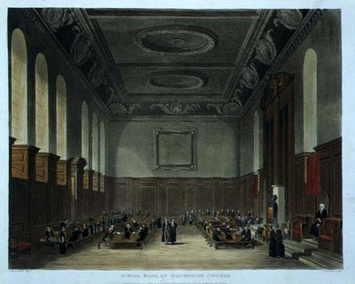 ウィンチェスター・カレッジの教室（「History of Winchester College」より）、「History of the Colleges」の一部、Joseph Constantine Stadler (fl.1780-1812)による彫刻、R. Ackermannによる出版。 作： Frederick (after) Mackenzie