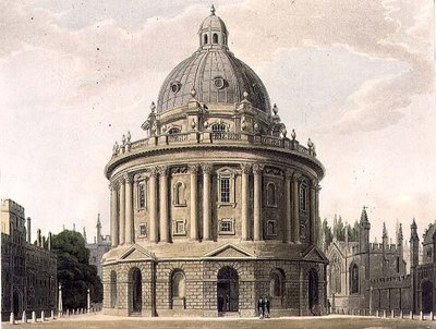 ラドクリフ図書館、J. Bluck (fl.1791-1831)によって彫られた「History of Oxford」の図版、R. Ackermannによって出版された。 作： Frederick (after) Mackenzie