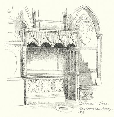 チョーサーの墓、ウェストミンスター寺院（リトグラフ） 作： Frederick Adcock