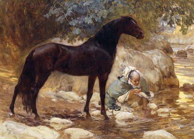 川で馬に水をまくアラブ、1890〜1900年頃 作： Frederick Arthur Bridgman