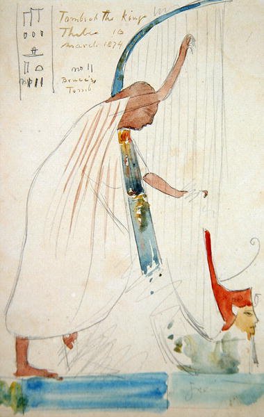 テーベのラーメセス3世の墓に描かれたハープ奏者の壁画 作： Frederick Arthur Bridgman