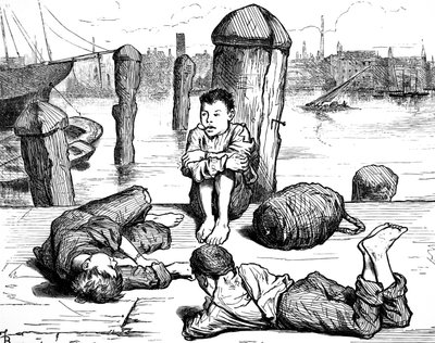 喫煙で時間をつぶすロンドンの貧乏少年たち 作： Frederick Barnard