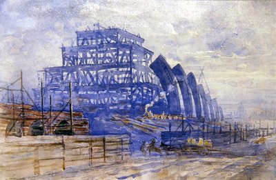 セント・パンクラス駅の列車上屋建設の様子 作： Frederick Barnard