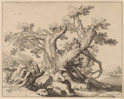 大きな木のそばで休む男と犬 作： Frederick Bloemaert after Abraham Bloemaert