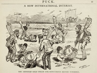 「一族のイギリス貴族のためのアメリカの金の原」を描いた漫画、1880年 作： Frederick Burr Opper
