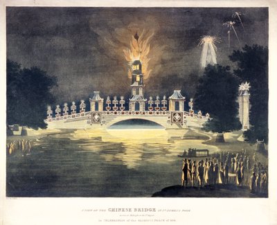 「...セント・ジェームズ公園のチャイニーズ・ブリッジ...、1814年の輝かしい平和を祝って」. 作： Frederick Calvert