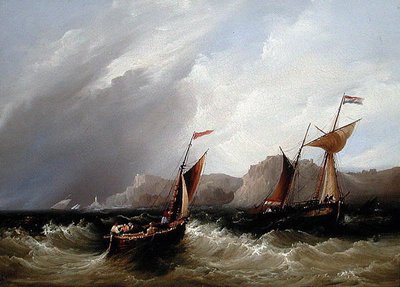岩場の多い海岸線を走る船（油彩・ボード） 作： Frederick Calvert