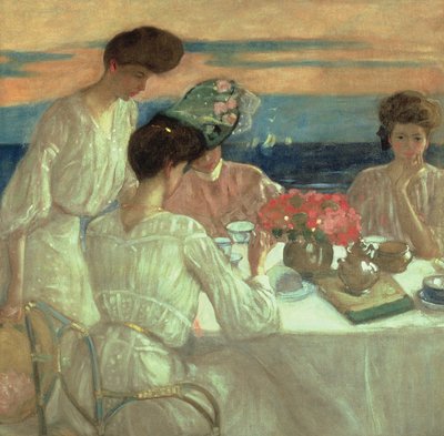 テラスでのアフタヌーンティー（キャンバスに油彩） 作： Frederick Carl Frieseke