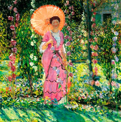 Hollyhocks、c。 1912 作： Frederick Carl Frieseke