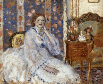 肘掛け椅子に座っている女性 作： Frederick Carl Frieseke