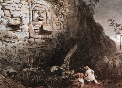マヤのイツァム・ナ遺跡の前に立つハンターとガイド 作： Frederick Catherwood