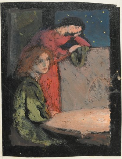 テーブルに立つ2人の女の子、1905年の星空の夜（カード上のテンペラ） 作： Frederick Cayley Robinson