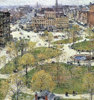 「春のユニオン スクエア」、1896 年 作： Frederick Childe Hassam