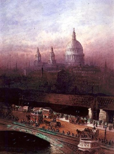 ブラックフライアーズ橋とセントポール（水彩・紙） 作： Frederick E.J. Goff