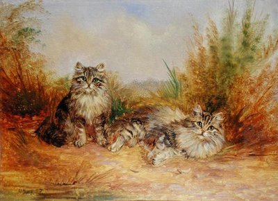 田園風景の中の2匹のタビーの子猫（油彩・ボード） 作： Frederick French