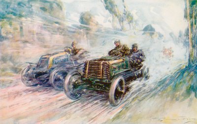 英国人ドライバー、チャールズ・ジャロットは、有名な「70」パナール (色リソ) で 1902 年のアルデンヌ サーキットで優勝しました。 作： Frederick Gordon (after) Crosby