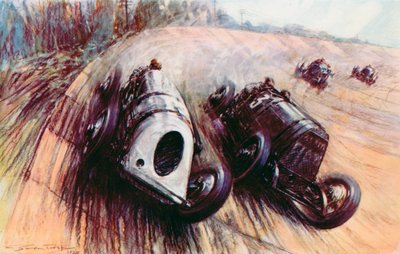 ブルックランズでの巨人の戦い、パリー・トーマスの白いレイランドが銀行でエルドリッジの偉大なフィアットと戦う（カラーリソ） 作： Frederick Gordon (after) Crosby