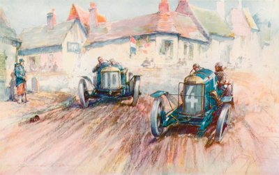 1911 年のブローニュでのヴォワチュレット レースで、3 リットルのドラージュ No 10 を運転しているバブロがボイヨのプジョーを追っている (カラー リソ) 作： Frederick Gordon (after) Crosby