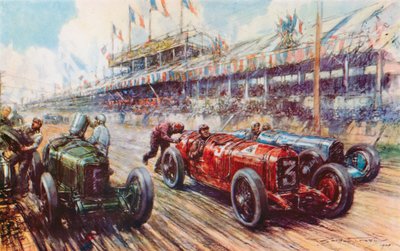 1924 年のグランプリでは、アスカリのアルファロメオがレースをほぼフィニッシュまでリードしましたが、ピットストップ後にエンジンが再始動しなかったために負けました (色リソ) 作： Frederick Gordon (after) Crosby