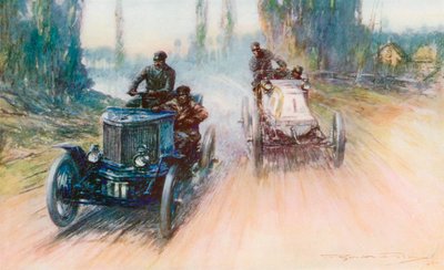 1898 年のパリ アムステルダム レースで、シャロンの白いパナールは、レース史上初めてティラー ステアリングの代わりにホイールを装備しました (カラー リソ)。 作： Frederick Gordon (after) Crosby