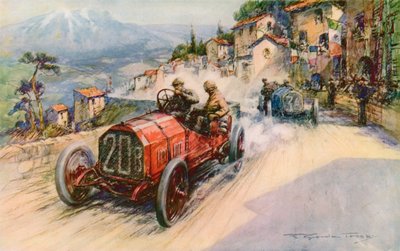 イタリアのチャンピオン、フェリーチェ・ナザロと 1907 年のタルガ・フローリオで優勝したフィアットは、以前にグランプリとカイザープライス (色リソ) を獲得した組み合わせです。 作： Frederick Gordon (after) Crosby