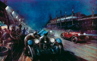 ル・マン 24 時間レースの夜間走行中にピットで補給する成功したロレーヌ・ディートリッヒ車の 1 台 (色リソ) 作： Frederick Gordon (after) Crosby